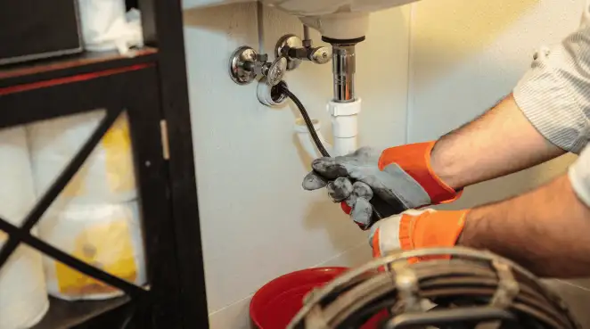 Drain cleaning technician using a motorized plumbing snake to clear a clogged sink pipe in Yonkers, NY